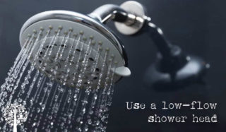 A stream of water flowing from a silver, metallic, low-flow shower head.