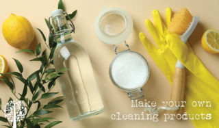 Una colección de ingredientes y herramientas que se utilizan para elaborar productos de limpieza.