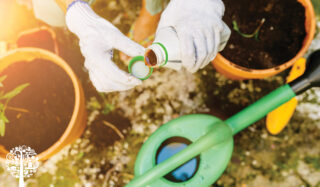 a person wearing white gloves pouring nutrients into green watering can surrounded by yellow pots of soil