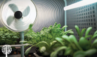 The interior of an indoor grow tent with green plants growing and a fan in motion.